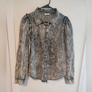 Aaron Amber 100% Cotton Puff Sleeve Button Up Acid Wash Top Medium